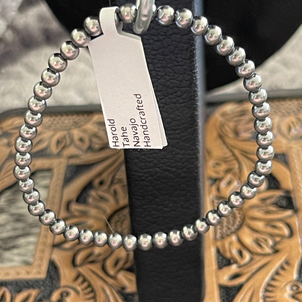 Navajo Handstrung Machine Sterling Silver Pearls Stretch Bracelet Sz 6-7 Tahe